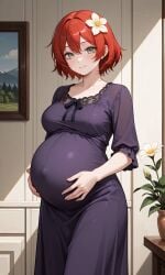 1girls ai_generated blush blushing_female breasts disventure_camp enjoying_pregnancy female female_only lake_(disventure_camp) odd_nation_cartoons pregnant pregnant_belly pregnant_female purple_dress rubbing_belly small_breasts wig