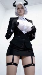 3d ai_generated bewitching_thighs big_breasts black_suit blue_eyes cleavage full_body high_heel_boots high_heels horn nier:_automata tagme video white_hair yorha_2b