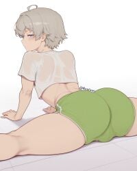 1boy 1femboy ai_generated arm_support ass back_view big_ass big_butt blush bratinni bulge crop_top femboy flexible from_behind half-closed_eyes looking_at_viewer looking_back my_teen_romantic_comedy_snafu on_floor otoko_no_ko round_ass round_butt shorts simple_background sitting solo split stretching thick_thighs thighs totsuka_saika