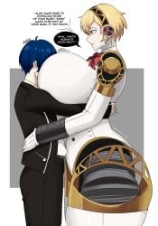 1boy 1girls aigis_(persona) alternate_breast_size android areolae breast_expansion breasts_in_face dialogue emmarrgus female gigantic_breasts huge_breasts large_breasts makoto_yuki male mechanical mommy_kink persona persona_3 robot robot_girl solo solo_female standing text thick_thighs voluptuous
