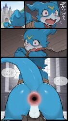 ai_generated blue_body blue_skin digimon dinosaur gaping_anus minotaur penetration raped_by_monster stomach_bulge veemon