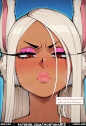 ai_generated angry annoyed big_breasts blue_background blush bunny_costume bunny_ears bunny_girl bunny_tail cleavage close-up close_up comic comic_strip comics crying crying_with_eyes_open dark_skin detailed_background dirty_talk embarrassed expression eyeliner face_focus facial_expression frustrated huge_breasts indoors long_hair makeup_running male_pov mascara_running mirko montana812 muscular_female my_hero_academia nsfw pink_eyeliner pink_eyeshadow portrait pov red_eyes rumi_usagiyama speech_bubble sweat tan_skin tears tears_streaming_down_face text tsundere white_hair
