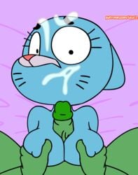 2017 animated anon anthro blue_fur breasts cartoon_network cum cum_on_face duo erection feline female forced fourball fur hi_res human human_on_anthro interspecies male male_human/female_anthro male_on_anthro mammal mother nicole_watterson nipples nude paizuri parent penis rape sex simple_background straight the_amazing_world_of_gumball titfuck titjob unwanted_cumshot whiskers