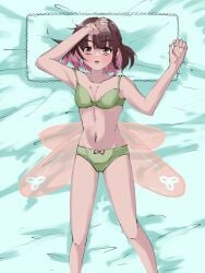 1girl bed bed_sheet bra breasts commission densetsu.exe green_bra green_panties indie_virtual_youtuber lying on_back on_bed panties phoebe_(vtuber) pillow small_breasts solo underwear underwear_only virtual_youtuber
