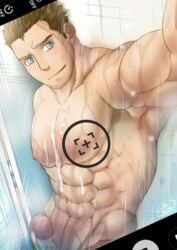 1boy abs bara bathroom camera censored cum erection male_only mosaic_censoring muscle nude onionworkshop pecs penis self-shot shower solo water wet