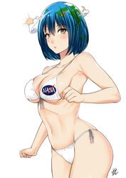 1girls abs armpits bare_arms bare_shoulders bikini blue_hair blush breasts brown_eyes cleavage clothes_writing cloud collarbone cowboy_shot crescent_moon earth-chan female female_only green_hair hair_between_eyes highres lips looking_at_viewer medium_breasts moon multicolored_hair nasa nasa_logo navel parted_lips ribbon short_hair side-tie_bikini_bottom signature simple_background skindentation solo standing stomach strap_gap sun swimsuit two-tone_hair underboob white_background white_bikini white_ribbon xter xtermination