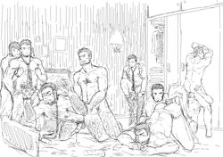 9boys anal ball_gag bara condom dildo full_body gag group_sex hairy human lube male monochrome multiple_boys muscle necktie orgy penetration penis restrained sex sex_toy sketch undressing xiawenjie xiawenjie_(jason_ou_1990) yaoi