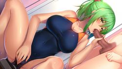 breasts censored fellatio green_hair hatachi masturbation original penis ponytail pussy_juice school_swimsuit short_hair spread_legs swimsuit wet yellow_eyes