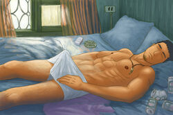 1boy bed body_hair erection erection_under_clothes lying male male_focus male_only nipples ricedogs sitting sleeping solo underwear white_underwear