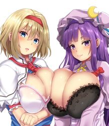 2girls alice_margatroid asymmetrical_docking bangs black_bra blonde_hair blue_dress blue_eyes blue_neckwear blue_ribbon blush bow bra breast_press breasts capelet crescent crescent_hat_ornament dress ebi_193 eyebrows_visible_through_hair hair_between_eyes hairband hairbow hat hat_ribbon head_tilt huge_breasts lace lace-trimmed_bra lace_trim large_breasts long_hair looking_at_viewer mob_cap multiple_girls neck_ribbon open_mouth patchouli_knowledge purple_dress purple_eyes purple_hair purple_headwear red_bow red_hairband red_neckwear ribbon short_hair sidelocks simple_background smile touhou underwear white_background white_bra white_capelet yellow_neckwear yellow_ribbon