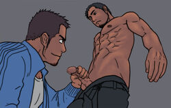 2boys bara coach grin male_focus male_only multiple_boys penis penis_grab ricedogs teacher_and_student undressing yaoi