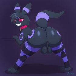 2018 absurd_res anus ass backsack balls big_butt black_penis collar eeveelution fat_ass femboy hi_res looking_at_viewer looking_back male male_only miso_souperstar nintendo obvious_(character) pokemon pokemon_(species) rear_view solo umbreon video_games