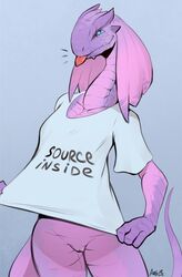 anthro arbuzbudesh blue_eyes bottomless clothed clothing divinity:_original_sin_2 divinity_(series) english_text female frill lizard_(divinity) pink_skin pussy reptile scalie shirt simple_background solo t-shirt text tongue tongue_out video_games