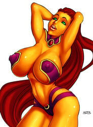 1girls breasts cleavage dc dc_comics erect_nipples_under_clothes female female_only green_eyes koriand'r large_breasts new_52 posing red_hair shiny_skin sketchybehaviour skimpy solo starfire tamaranean teen_titans very_long_hair voluptuous