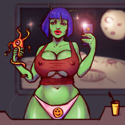 1girls alien alien_girl antenna arms_up bare_shoulder big_breasts blue_hair boobsgames brown_eyes busty cleavage curvy detailed_background erect_nipple erect_nipples eyelashes female female_only front_view green_skin holding_object humanoid indoors inside lipstick looking_at_viewer makeup midriff nipple_bulge pose posing red_lipstick room selfie shiny shiny_skin short_hair sketch solo space standing tube_top tubetop underwear voluptuous white_panties wide_hips