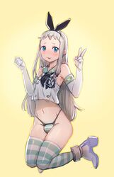 1boy :3 blend_s blue_eyes bow_(bhp) bulge bunny_ears femboy girly grey_hair high_heels hourglass_figure kanzaki_hideri panties penis_in_panties solo striped_legwear thighhighs trap v