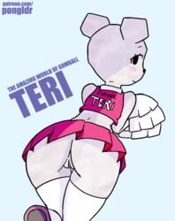 ass bear blush cartoon_network cheerleader clothed clothing eyelashes female furry looking_at_viewer mammal paper pom_poms pongldr pussy simple_background skirt smile teri_(tawog) the_amazing_world_of_gumball young