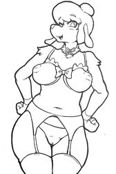 1girls 2017 anthro bra breasts canine clothed clothing collar dog female fur furry garter_belt garter_straps hair hands_on_hips inverted_nipples kori-nio legwear line_art lingerie looking_at_viewer mammal monochrome mostly_nude mrs._hudson nipples panties pussy ribbons sheer_clothing sherlock_hound_(series) smile solo standing stockings translucent transparent_clothing underwear