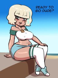 1girls big_breasts blonde_hair blue_shorts blush bottomwear breasts darkeros13 english english_text female female_only footwear freckles freckles_on_face green_eyes hair hips jackie_lynn_thomas legwear nipple_bulge shoes short_hair shorts solo solo_female star_vs_the_forces_of_evil text thedarkeros thick_thighs thighhighs thighs topwear wide_hips