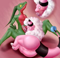 2018 animal_genitalia animal_penis anthro anus ass caprine diphallia diphallism duo fellatio female flaaffy grovyle hemipenes highres jooper male mammal multi_penis nintendo nude oral penis pokémon_(species) pokemon pussy reptile scalie semi-anthro sex simple_background straight video_games