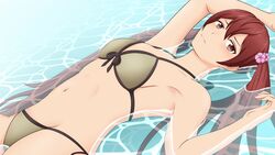 1girls alternate_costume bikini brown_bikini brown_swimsuit fire_emblem fire_emblem_awakening frown jehrald long_hair looking_at_viewer nintendo partially_submerged red_eyes red_hair severa_(fire_emblem) small_breasts solo solo_female swimsuit twintails