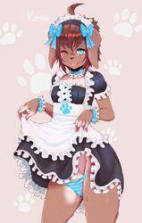 2018 anthro blue_eyes blue_striped_panties brown_hair canine coffeechicken female female_focus female_only furry highres kess_(coffeechicken) maid_uniform mammal one_eye_closed original original_character panties pussy skirt_lift solo underwear uniform