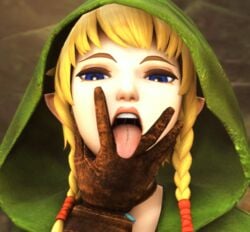 1girls 3d blonde_hair blue_eyes female gloves handwear human humanoid hylian hyrule_warriors kreamu linkle looking_at_viewer naughty_face nintendo open_mouth outerwear pale_skin pink_lips saliva source_filmmaker teeth the_legend_of_zelda throat tongue tongue_out