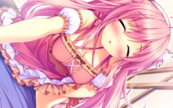 blush boku_to_koi_suru_ponkotsu_akuma. breasts cleavage game_cg headband kiritani_riria long_hair masturbation official_art panty_pull pink_hair sayori smile_(company) succubus