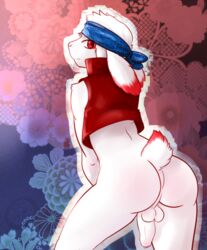 2018 anthro ass balls bottomless cainethelongshot clothed clothing cottontail first_person_view foreskin fur hair headband lagomorph looking_at_viewer looking_back lop_eared male male_only mammal markings penis presenting presenting_hindquarters rabbit rear_view red_eyes red_markings short_hair simple_background solo standing uncut vest white_fur