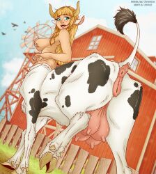 2024 animal_genitalia anus ass barn big_breasts blonde_hair bovid bovid_taur bovine_genitalia braided_hair breast_squish breasts bucentaur cow_taur farm female freckles freya genitals hair hi_res hooves horn huge_breasts looking_at_viewer looking_back mammal mammal_taur markings open_mouth pussy raised_tail solo spots spotted_body squish tail taur teats udders zuckergelee