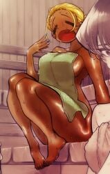 almost_nude big_breasts bleached_blonde_hair blonde_hair blush_lines closed_eyes dark-skinned_female feet gyaru hourglass_figure komi-san_wa_komyushou_desu komi_shouko manbagi_rumiko non-web_source open_mouth original_artwork shiny_skin sitting spa sweat sweatdrop sweating thick_thighs thin_waist third-party_edit tied_hair tomohito_oda towel_only wide_hips yawning