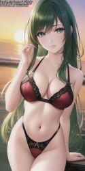 ai_generated ai_hands anime anime_style big_breasts bra breasts female female_human female_only girl girls green_eyes green_hair long_hair only_female only_girl panties red_bra red_panties red_underwear slim_waist soli_sketch underwear waist