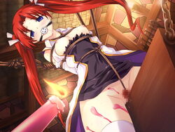 ball_gag blue_eyes blush bondage bound breasts burning_candle candle censored chains crotch_rope empty_eyes gag gagged game_cg long_hair mutsumi_masato nipples no_panties no_pants pink_candle red_hair rinhana_izayoi rope saliva thighhighs tied_hair tied_up torture toushin_toshi toushin_toshi_iii twintails wax wooden_horse