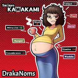 atlus bare_belly bare_midriff belly belly_button big_belly brown_eyes brown_fur coffee_mug drakanoms frustrated ill_fitting_clothing long_sleeves messy_hair persona persona_5 popped_navel pregnant pregnant_belly pregnant_female sadayo_kawakami skirt stripes tired