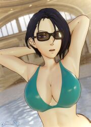 1girls 3d alternate_costume armpits arms_behind_head bare_arms bare_midriff bikini blue_hair breasts cleavage dochaunt24 female female_only fire_emblem fire_emblem:_three_houses glasses green_bikini green_swimsuit hair_between_eyes indoors large_breasts midriff nintendo pool pose purple_eyes shamir_nevrand short_hair solo sunglasses swimsuit tinted_eyewear upper_body water