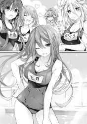 bare_arms bare_legs bare_shoulders bare_thighs big_breasts black_and_white blush breasts date_a_live hoshimiya_mukuro izayoi_miku kyouno_natsumi kyouno_natsumi_(adult) long_hair novel_illustration official_art one_eye_closed open_mouth school_swimsuit swimming_pool swimsuit thighs tsunako yatogami_tohka