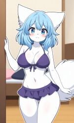 ai ai-created ai_art ai_generated anthro bedroom blue_eyes blue_hair breasts living_room looking_at_viewer pixai purple_bikini purple_bikini_top purple_skirt smiling_at_viewer tagme vtuber vtuberfanart white_body white_fur wolf wolf_girl wolfychu youtube youtuber_girl youtubers