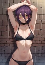 1girls ai_generated armpits black_bra black_panties blush bra breasts chainsaw_man curvy female female_focus female_only green_eyes hair_between_eyes light-skinned_female lilianaa medium_breasts naughty_face necklace nipples panties purple_hair reze_(chainsaw_man) short_hair sweat wet wet_body wet_skin