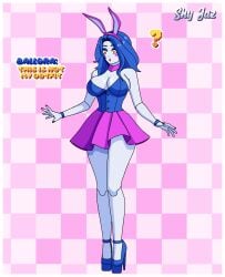 animatronic ballora ballora_(fnafsl) blue_eyeshadow blue_hair blue_heels blue_vest blush breasts bunny_ears bunnysuit choker eyeshadow five_nights_at_freddy's five_nights_at_freddy's:_sister_location heels lipstick medium_hair pink_lipstick pink_skirt robot robot_girl shy_jaz simple_background skirt standing text vest yellow_eyes