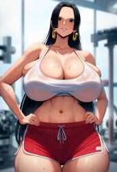 ai_due ai_generated black_hair blue_eyes boa_hancock dolphin_shorts earrings female female_only gigantic_breasts gym_clothes gym_uniform huge_breasts light-skinned_female light_skin long_hair looking_at_viewer massive_breasts mature_female one_piece shounen_jump smiling squatting sweat sweatdrop thick_female thick_thighs thighs voluptuous voluptuous_female