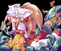 1girls blonde_hair clothing female flat_chest green_tentacles japanese_clothes kitsunebi_no_miko long_hair lowres miko open_mouth rape restrained saliva spread_legs summon_night tail tailjob tears tentacle tentacle_on_female tentacle_rape thighhighs tomoshibi_hidekazu tongue tongue_out white_legwear white_thighhighs