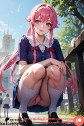 ai_generated commission gasai_yuno long_hair long_socks looking_at_viewer looking_down mirai_nikki outdoors panties patreon patreon_username pink_eyes pink_hair pink_panties ribbon ribbons school school_uniform schoolgirl shoes sitting skirt smile socks squatting sultryspark upskirt white_socks