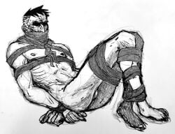 1boy 2024 bara barazoku black_and_white bondage buzz_cut covered_mouth darkest_dungeon gay highwayman_(darkest_dungeon) lanky leg_hair male male_only neckerchief neckerchief_only nipples obscured_eyes obscured_face older_male realistic_anatomy realistic_proportions rough_sketch scrotum struggling tied tied_legs tied_up wrinkles yaoi