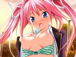 bra breasts exhibitionism game_cg kodama_izayoi large_breasts lingerie long_hair nipples panties pink_hair public_nudity puffy_nipples ribbon ribbons skirt stellula_eques stellula_eques_~shokuzai_no_himekishi~ striped tied_hair twintails underwear