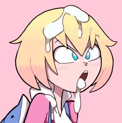 backpack bag blonde_hair blue_eyes clothing cum cum_in_mouth female gwenpool human light_pink_hair marvel miscon pale_skin pale_skinned_female tagme