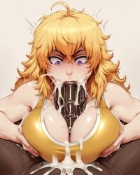 ai_generated ai_hands breasts cum cum_in_mouth cum_on_breasts dark-skinned_male gym_uniform jlullaby_(style) large_breasts large_penis light-skinned_female paizuri penis relaps63 rwby straight surprised titjob trembling yang_xiao_long