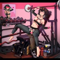 arknights bar_censor barbell bare_shoulders barefoot bench_press bird_girl black_leggings blush bondage bound breasts breasts_out brown_hair censored commentary_request compression_sleeve crop_top cup dumbbell english_text feather_hair female female_pubic_hair hair_between_eyes highres jar leggings leggings_under_shorts midriff multicolored_hair navel nipples official_alternate_costume open_mouth plume_(arknights) plume_(easy_time)_(arknights) pubic_feathers pubic_hair pussy shibari_over_clothes shoes short_hair small_breasts solo sports_bra unworn_shoes white_hair white_sports_bra yellow_eyes zarathuta