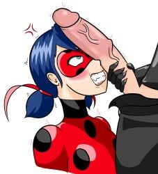 1boy 1girls adrien_agreste anger_vein angry big_penis blue_eyes blue_hair blush cat_noir clothed dladiator female ladybug_(character) male marinette_cheng marinette_dupain-cheng mask masked masked_female miraculous_ladybug partial_male penis_on_face short_hair superhero superheroine twintails