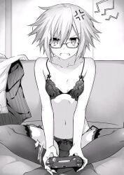 angry angry_expression bare_arms bare_belly bare_shoulders belly_button black_and_white bra breasts date_a_live dress_removed garter_belt garter_straps glasses honjou_nia novel_illustration official_art panties playing_videogame short_hair small_breasts thighhighs thighs tsunako underwear