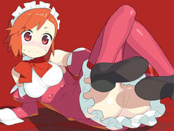 1girls blush bottomless censored clothing female female_only kannagi maid namaeha_(pixiv77217) no_panties pomelocandy pussy red_eyes red_hair short_hair solo stockings thighhighs upskirt